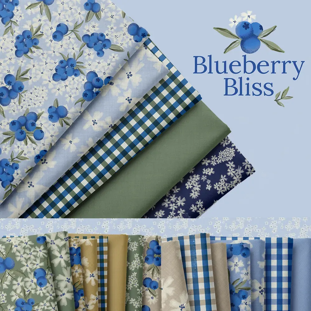 Blueberry Bliss surface pattern collection featuring blueberries, delicate florals, gingham, and coordinating prints in soft blue, green, cream, and golden tones by Brayberry Design.