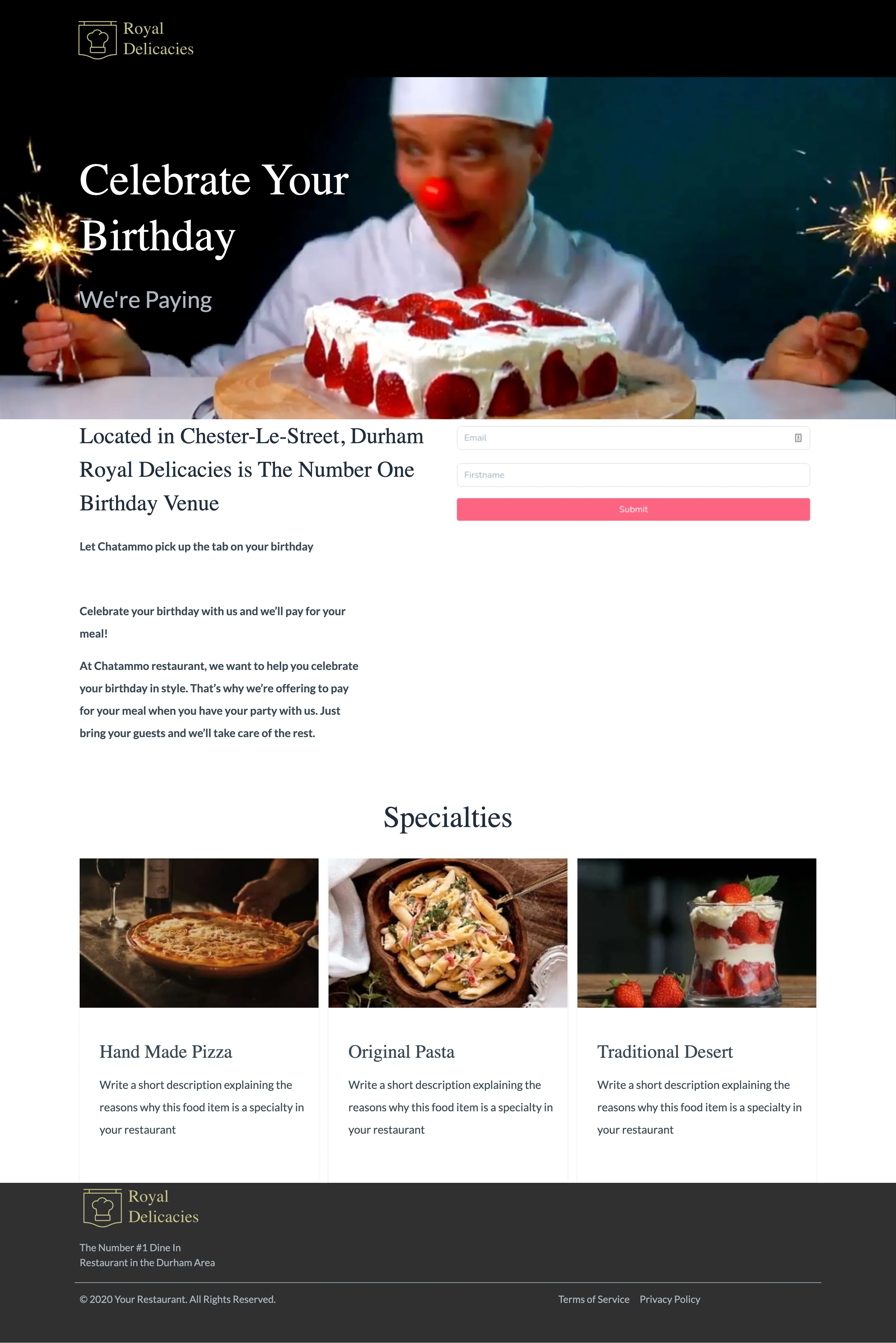 Restaurant Birthday Party Landing Page