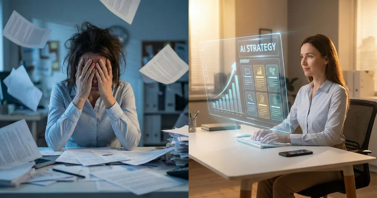 A business owner transitioning from chaotic manual work to a streamlined AI marketing strategy.