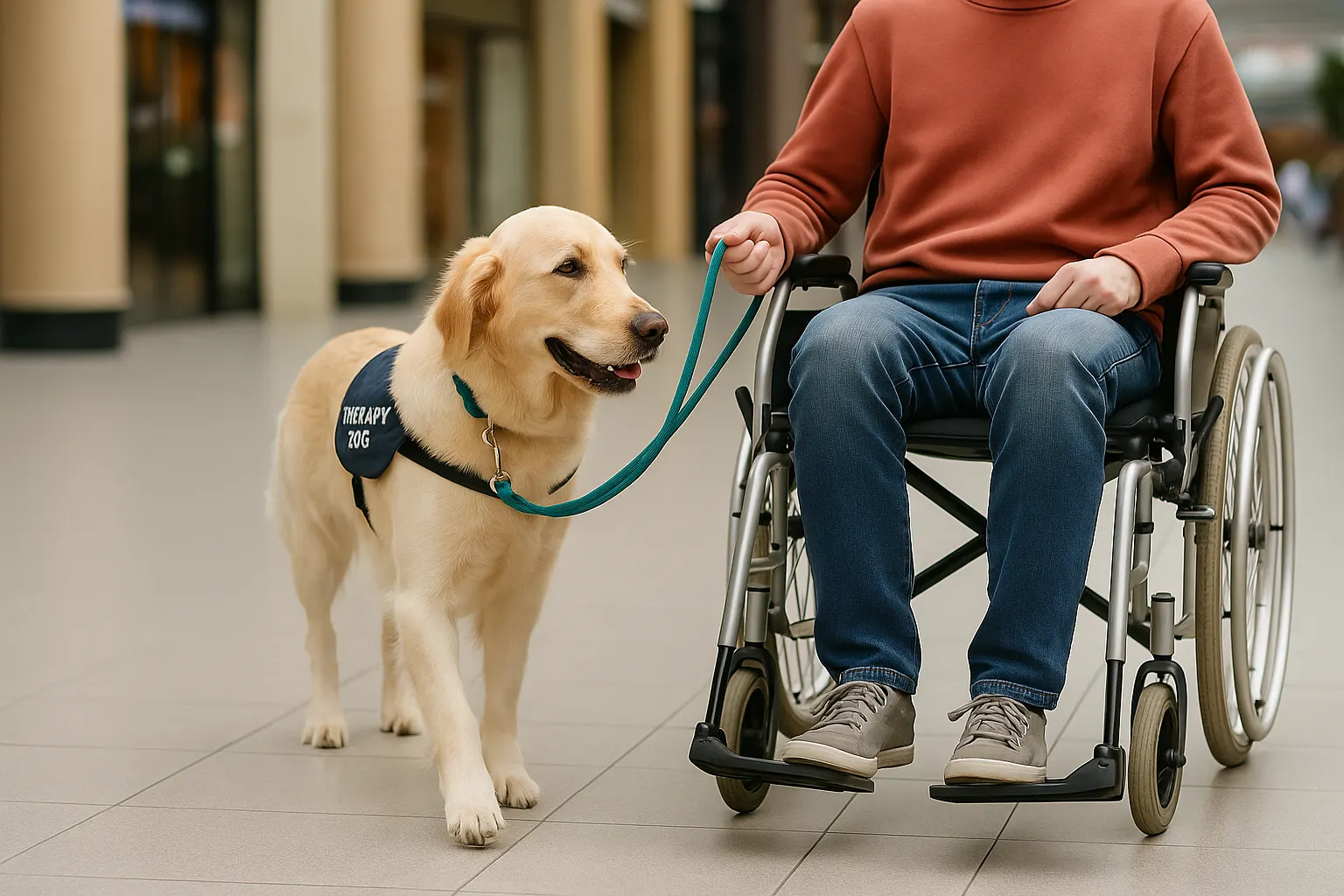 Golden Retriever therapy dog walking beside a person in a wheelchair inside a Kansas City public space, showcasing calm behavior and loose leash walking as part of therapy dog and Canine Good Citizen training.