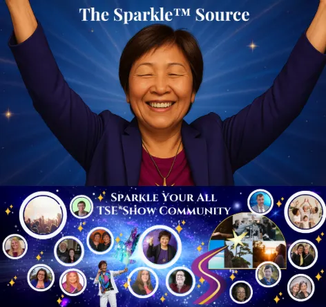 The Sparkle Source Image of Asian Lady smiling with both arms raised in celebration and Collage of TSE Show of Special guests Season 1