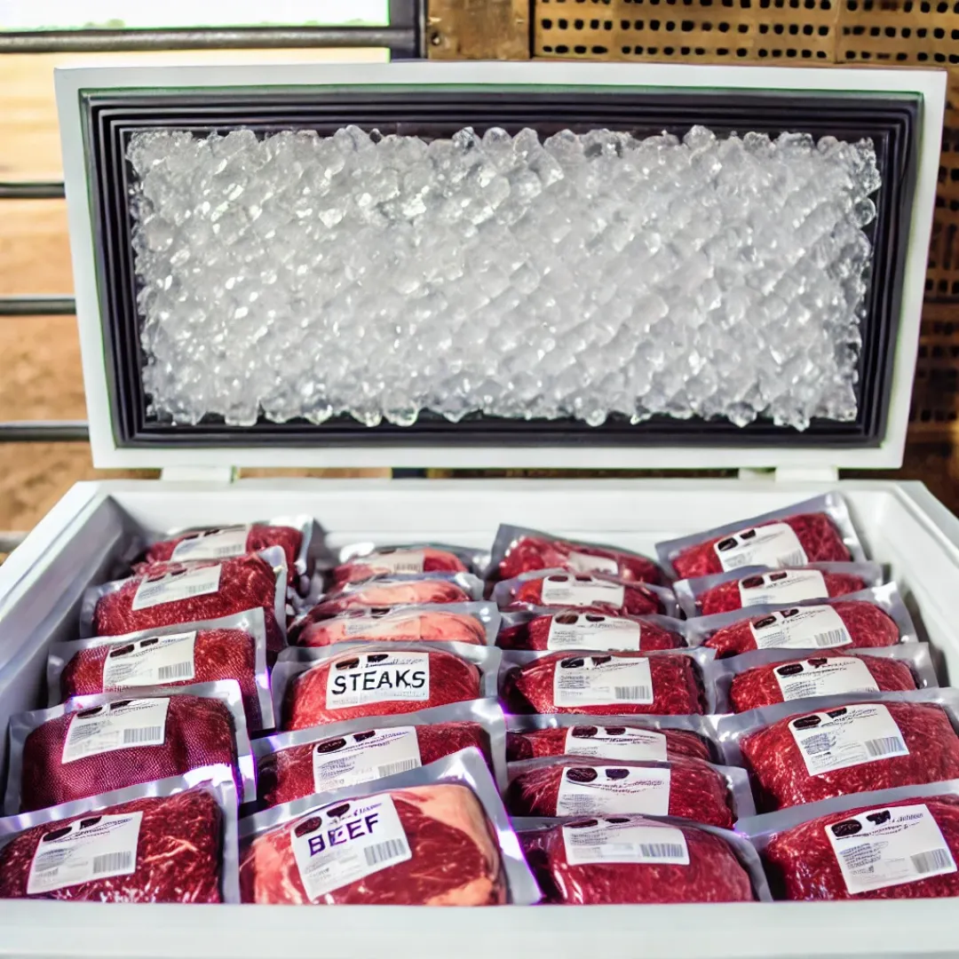 Freezer stocked with North Dakota bulk beef packages, wrapped and labeled for storage
