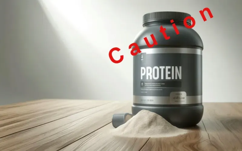 A tub of protein powder with a red "caution" overlaid.