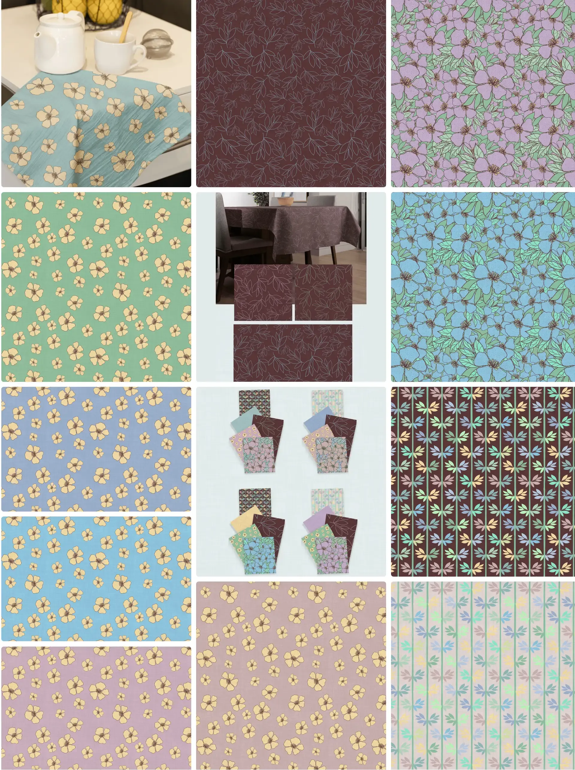 Floral Fusion collection board featuring layered floral repeat patterns and coordinating geometric prints in dusty pink, aqua, teal, mint, and deep plum, with the collection logo, wallpaper room mockup, stationery mockup, and a mix of large-scale blooms, small floral coordinates, and tonal botanical textures.