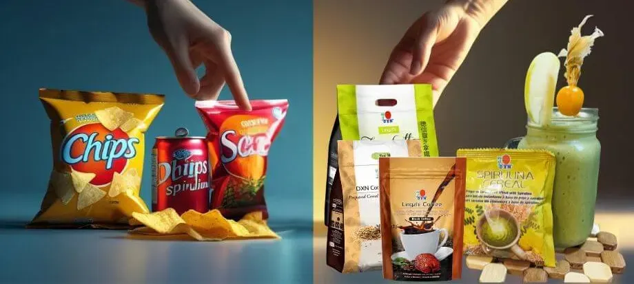 Una persona eligiendo alimentos saludables como frutas y Spirulina de DXN en lugar de comida procesada, como primer paso para revertir los efectos de una mala alimentación.