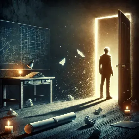 A solitary figure turns away from a glowing doorway in a dark room. Torn blueprints, crumpled notes, and extinguished candles symbolize quiet self-sabotage and emotional overwhelm at the threshold of success.