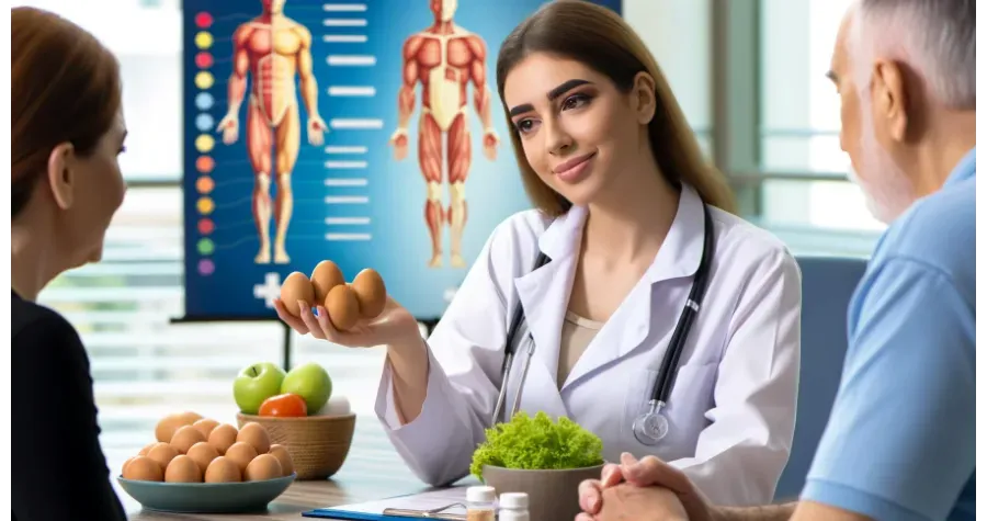 a nutritionist or healthcare provider advising a patient about egg consumption