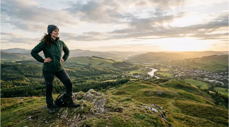 Person standing confidently on hill representing confidence and emotional stability.