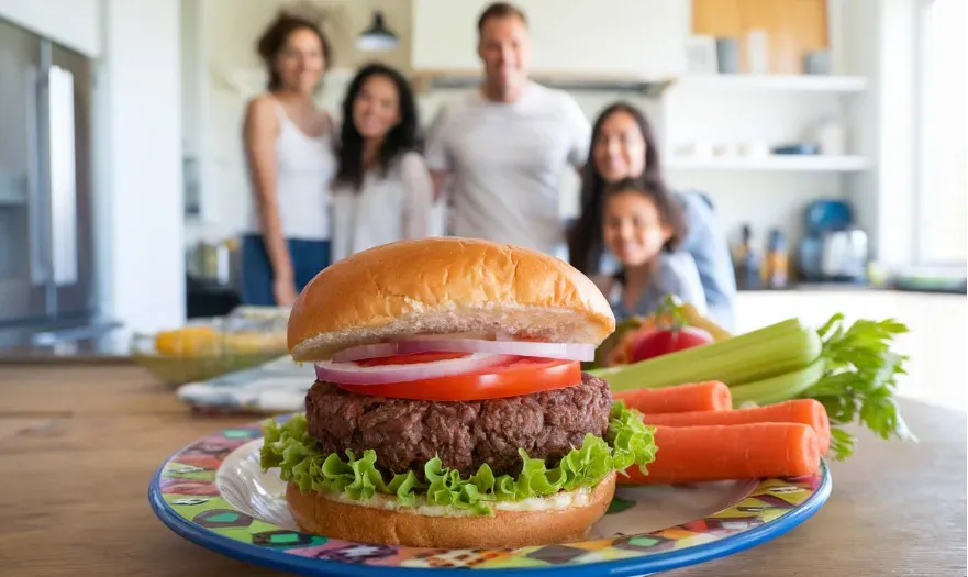 Beyond Meat burger served with fresh vegetables in a bright kitchen.