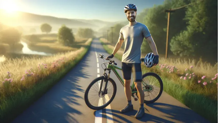Man standing next to his bicycle on a road with bike helmet in hand.