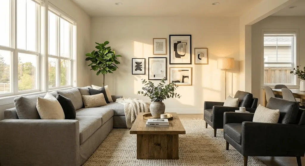 <alt=“Modern furnished living room staged for AHA National Corporate Housing, featuring a gray sectional sofa, accent chairs, gallery wall art, and warm natural lighting.”>