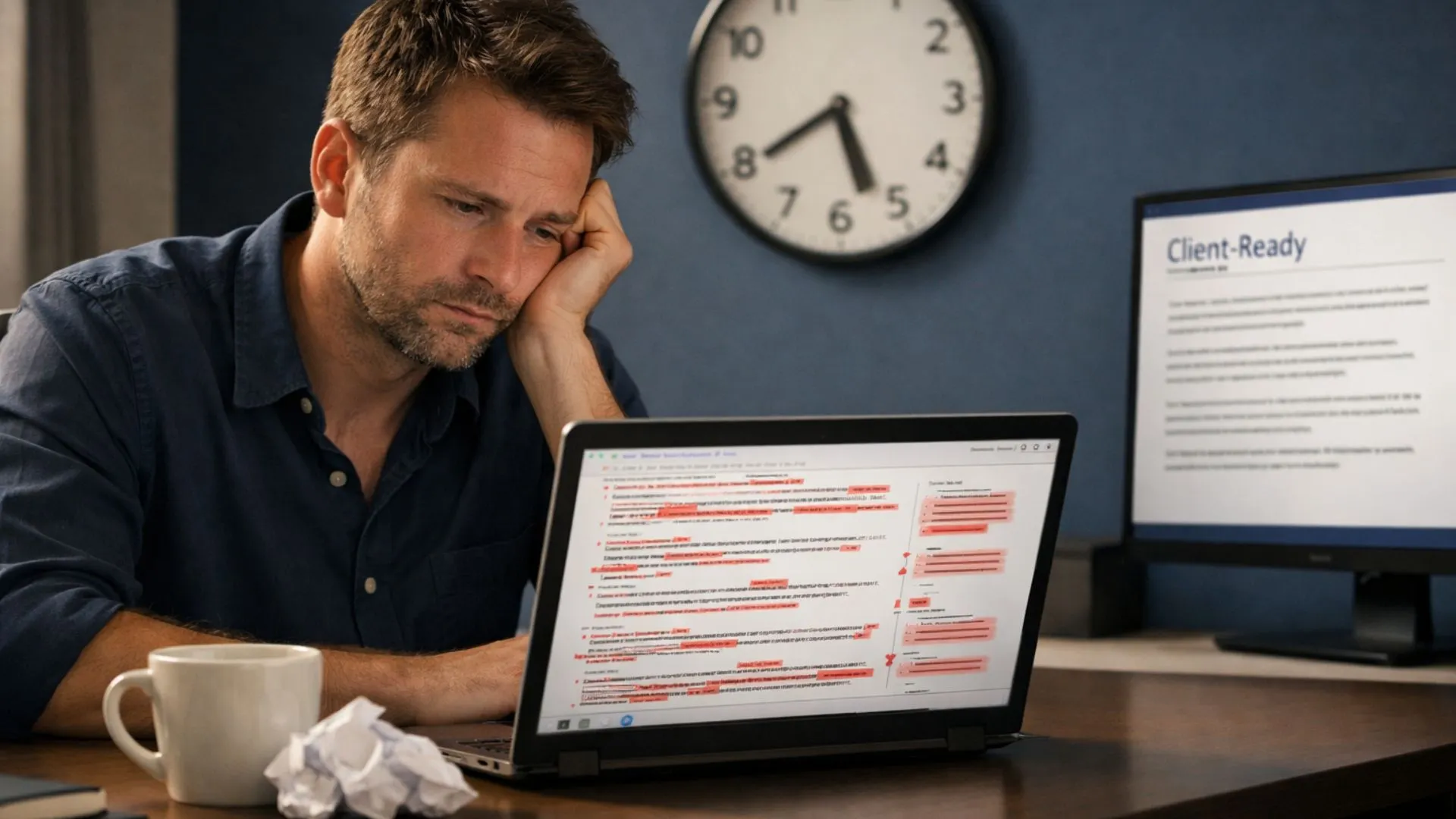Small business owner frustrated editing generic AI content output at desk late in the day