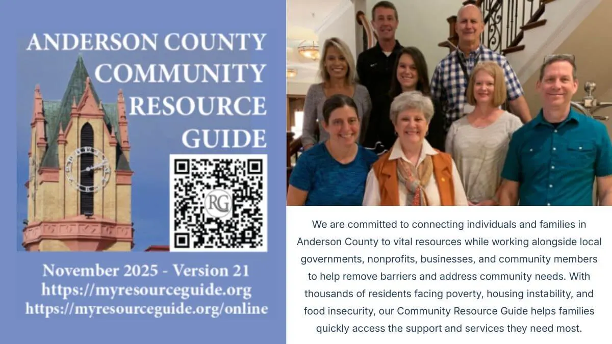 Anderson County Community Resource Guide cover featuring local community members and QR code