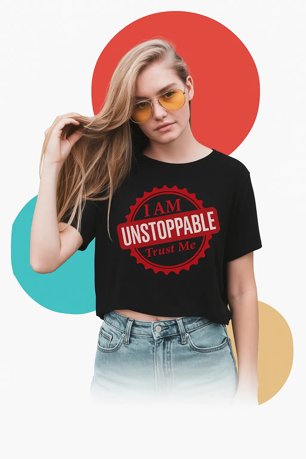Girl wearing a I AM Unstoppable black tshirt