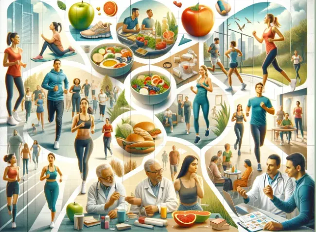 An engaging collage depicting a healthy lifestyle routine including exercise, balanced diet, and regular health check-ups.