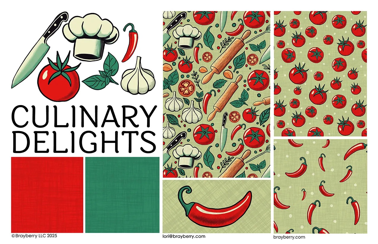 Culinary Delights featuring tomatoes, peppers, kitchen utensils