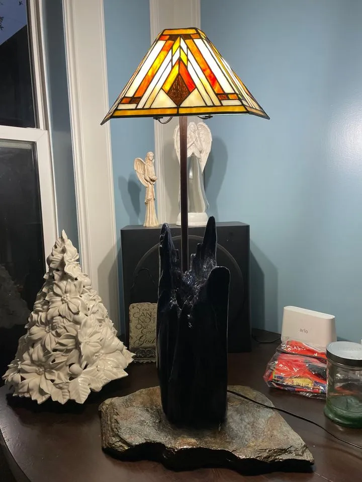 Stained glass wooden lamp with rock base