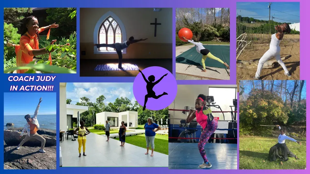 A vibrant collage showcases Coach Judy Handwerker actively participating in a variety of wellness and fitness activities. The photos capture her stretching outdoors among greenery, holding a balance pose inside a church sanctuary, exercising with a large stability ball, moving in a garden setting, performing an outdoor stretch by the water, leading a small group wellness session, strength training in a gym, and practicing expressive movement in a natural landscape. A central icon of a woman leaping joyfully reinforces themes of movement, vitality, confidence, and healthy aging. The overall design portrays Coach Judy as an energetic wellness professional who promotes fitness, mobility, balance, and active living.