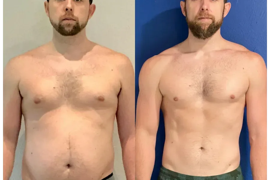 A before and after image of a man who lost weight and gained some muscle.