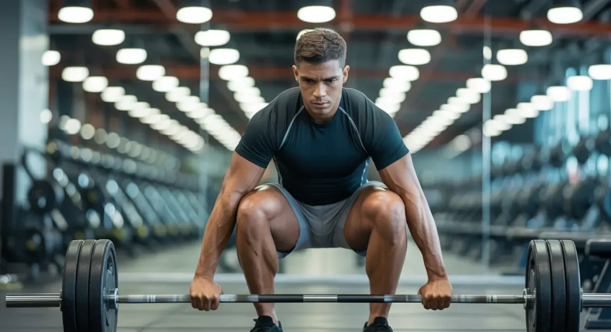 A man is doing a squat in a gym setting. His quads are muscular.