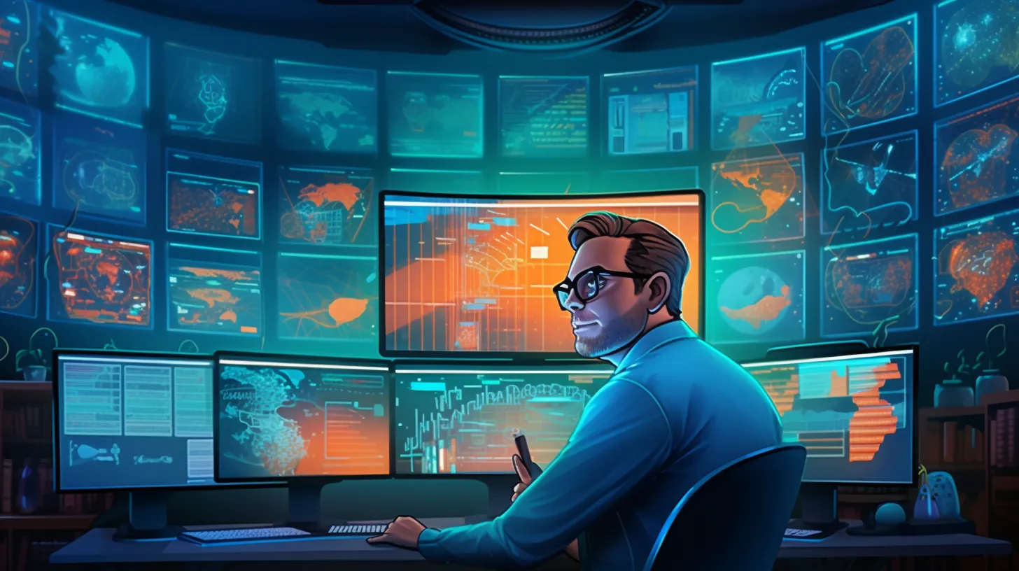 Futureist Image of a Man sitting at a table with a wall of displays