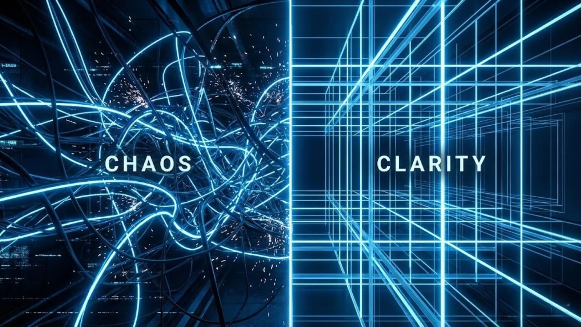 Split screen showing a tangled knot representing unstructured prompts versus a clean geometric grid representing structured prompts.