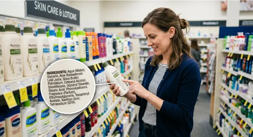 A woman in a pharmacy aisle holding and looking at a personal care product. Her index finger is touching the back of it as if reading fine print with a curious look on her face.