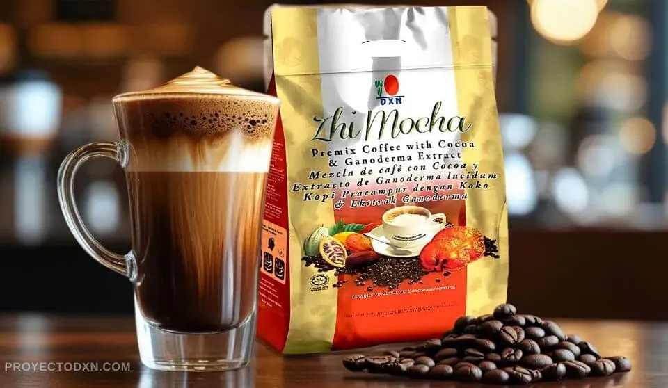 Una taza gourmet de Zhi Mocha de DXN, la combinación perfecta de café y chocolate con Ganoderma para un momento de placer y bienestar.
