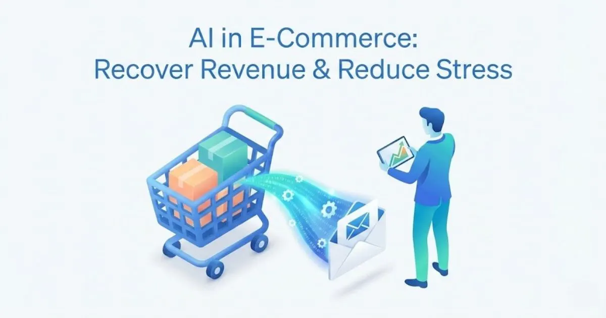 Digital art showing automated cart recovery emails boosting revenue for an e-commerce business owner.