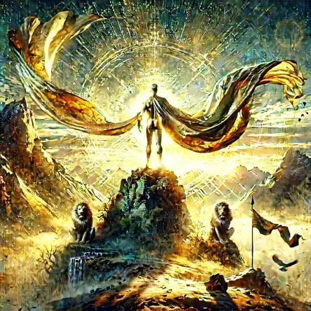A solitary, regal male figure stands nude on a mountaintop at sunrise, bathed in golden light. His posture is strong and unapologetic, symbolizing raw truth and self-revelation. The atmosphere is mythic and spiritual, with banners and distant animals watching silently. A surreal visual metaphor for the Manifestor’s secret coming out.