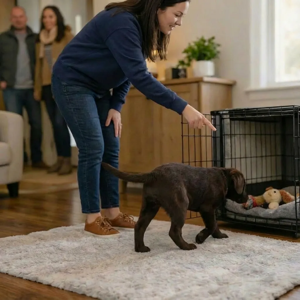 Dog practicing down stay during in home maintenance dog training session in Kansas City