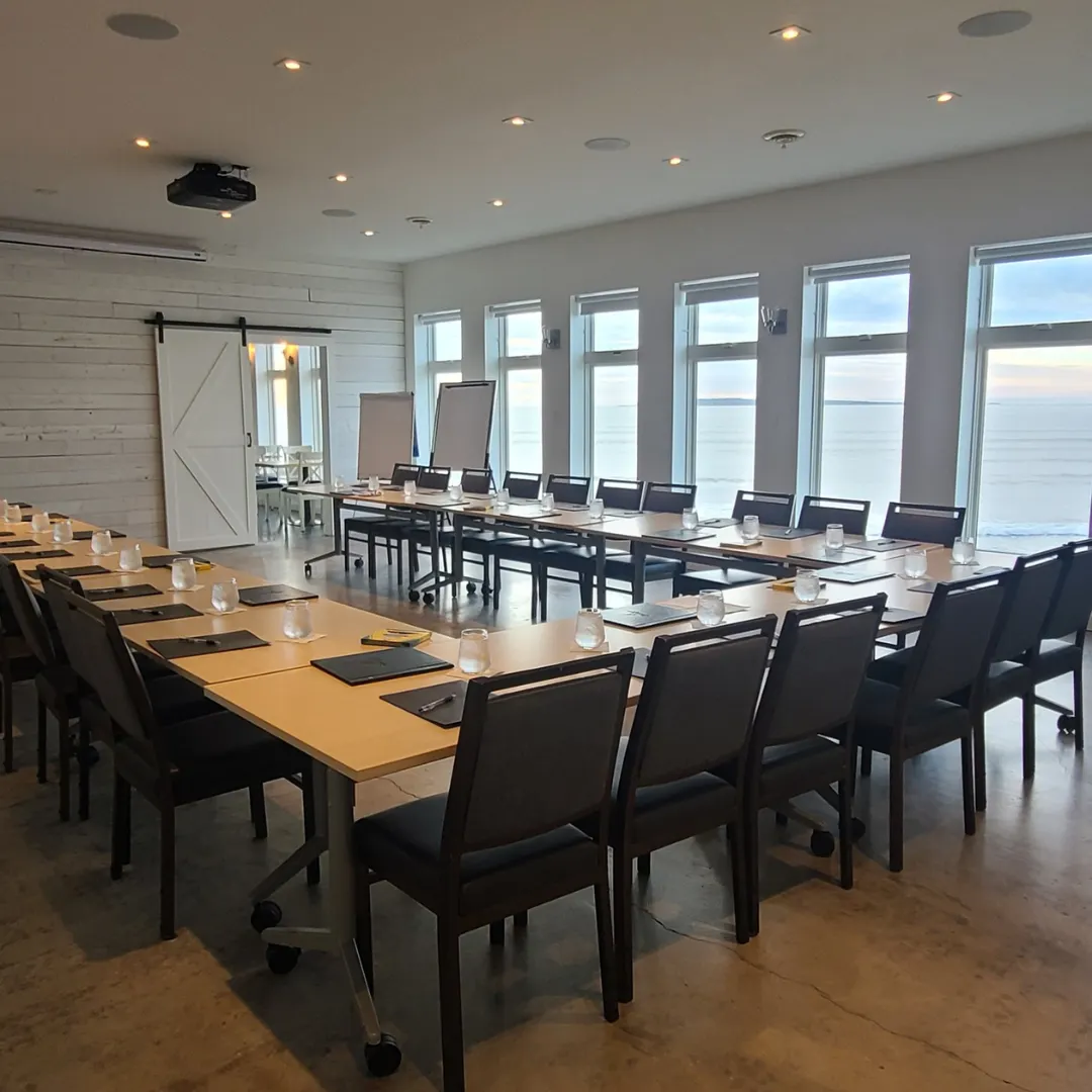The event room above the Quarterdeck restaurant with tables and chairs set up for a 3DLife® training session. 