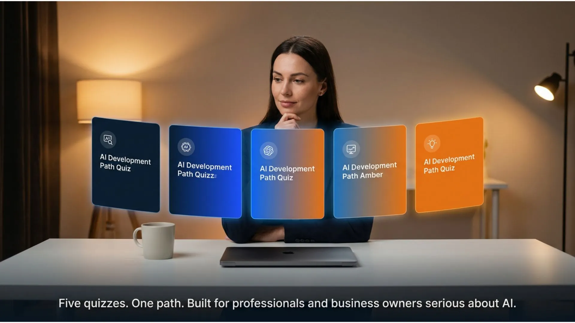 Expert AI Prompts quiz hub hero — professional choosing between five AI quiz paths, numbered progression cards floating in a digital overlay.