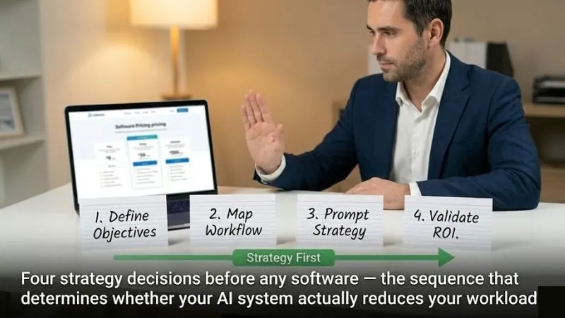 Solopreneur using strategy-first stop gesture with four sequential strategy cards before buying AI marketing software 
