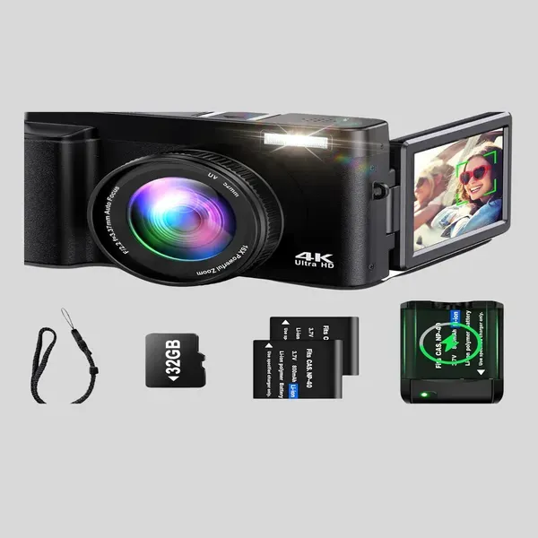 4K Digital Camera for Photography Auto-Focus Vlogging Camera for YouTube Video with 3'' 180° Flip Screen 16X Anti-Shake 4K Camera Compact Cameras with SD Card, Flash, 2 Batteries & Battery Charger