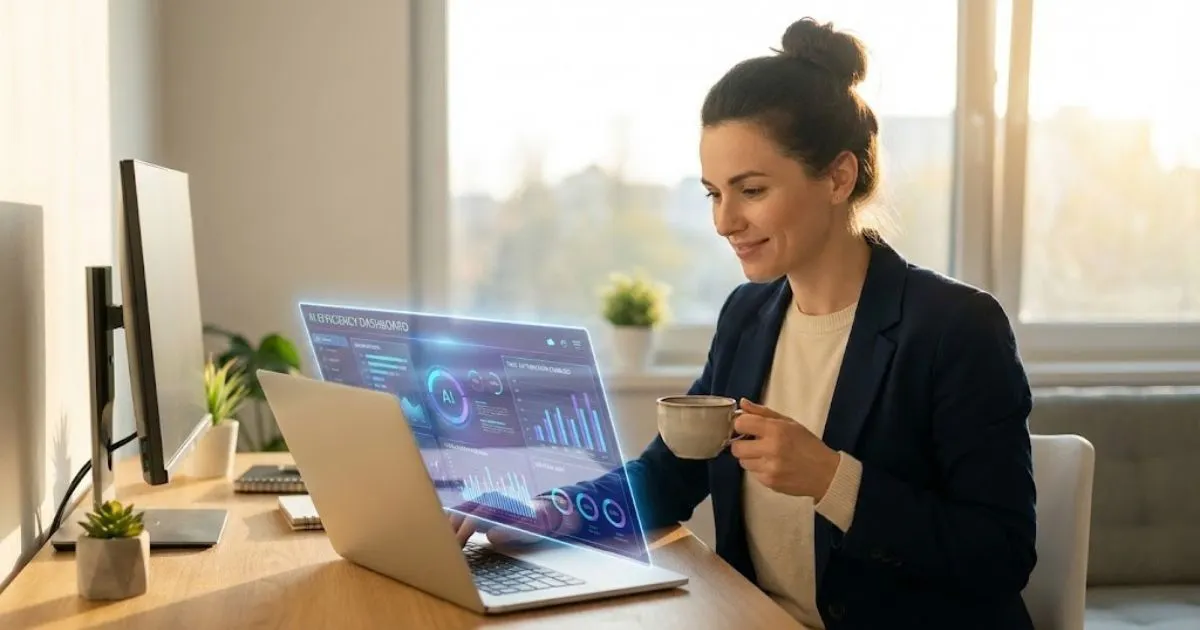 Entrepreneur using AI for small business to scale operations from a home office.