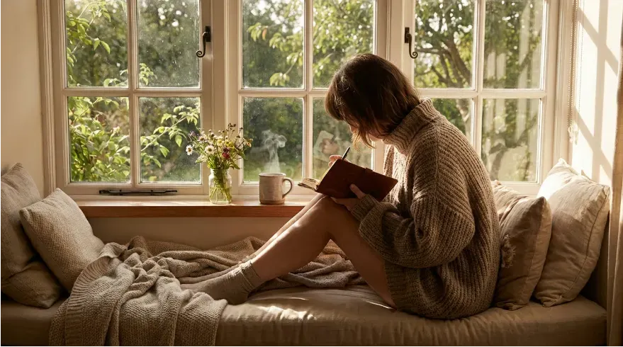 Individual seated quietly near a window journaling, warm lighting, peaceful environment, no devices visible.