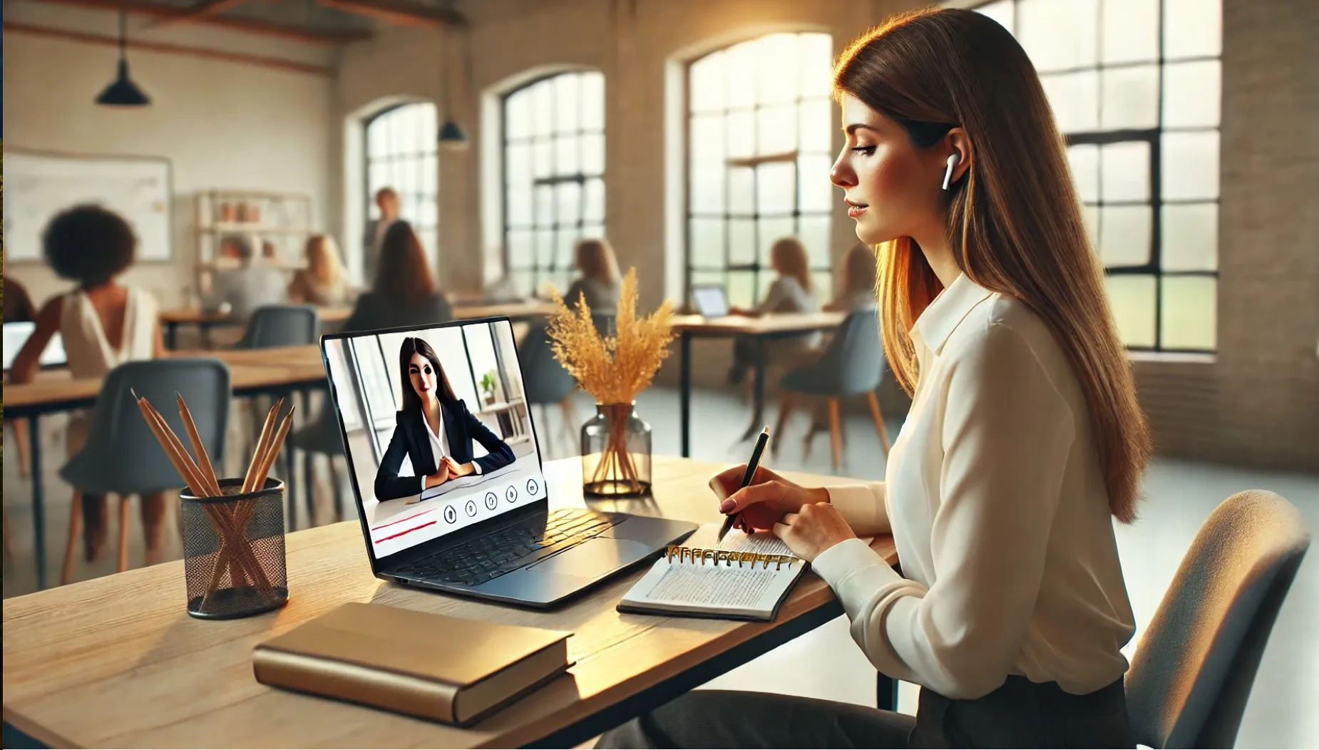 Woman taking notes while watching a video on mindful networking in a bright, modern workspace.