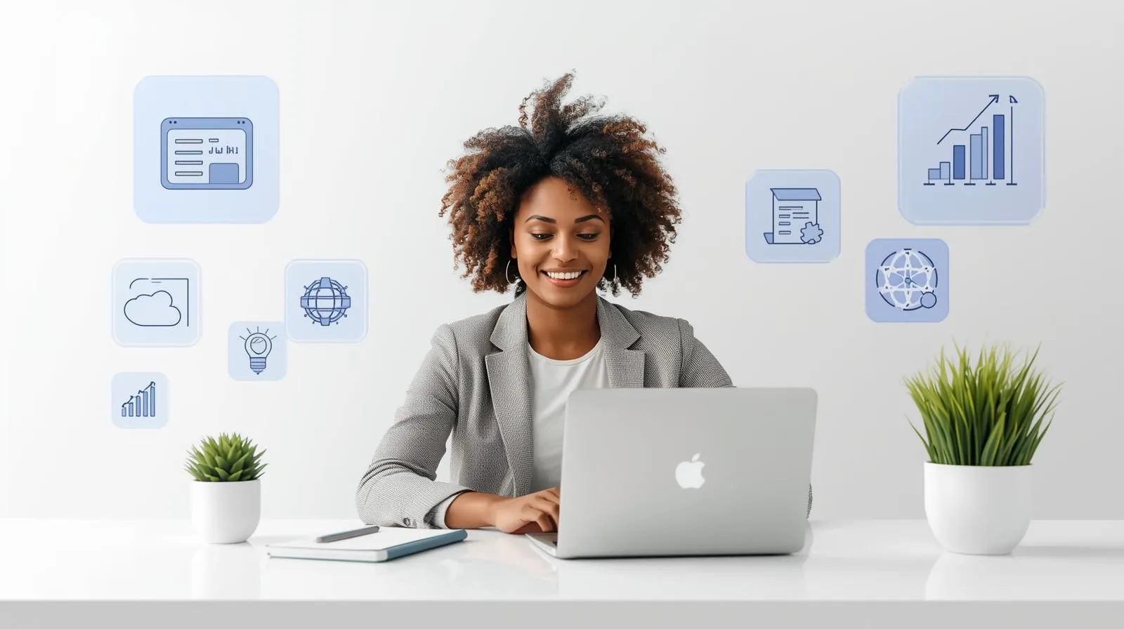 A confident entrepreneur at a modern desk, using a laptop to manage AI-powered business strategies displayed on a clear digital interface, symbolizing growth and efficiency.