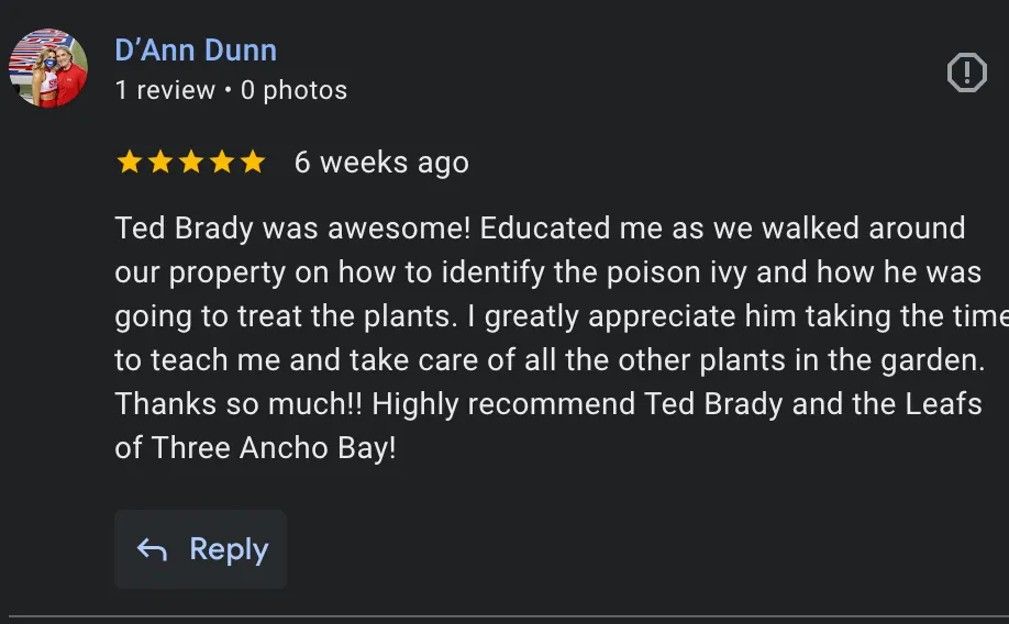 testimonial leafs of 3 poison ivy removal