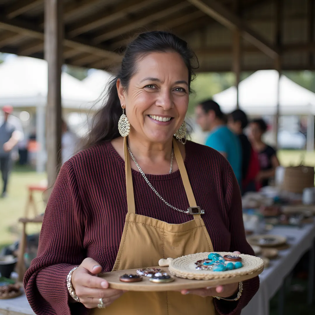 Older Indigenous woman selling handmade art