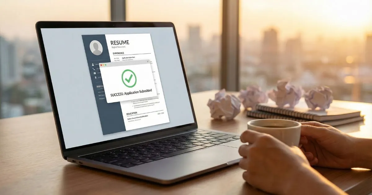 Professional using an AI resume builder on a laptop to finalize a CV while drinking coffee.