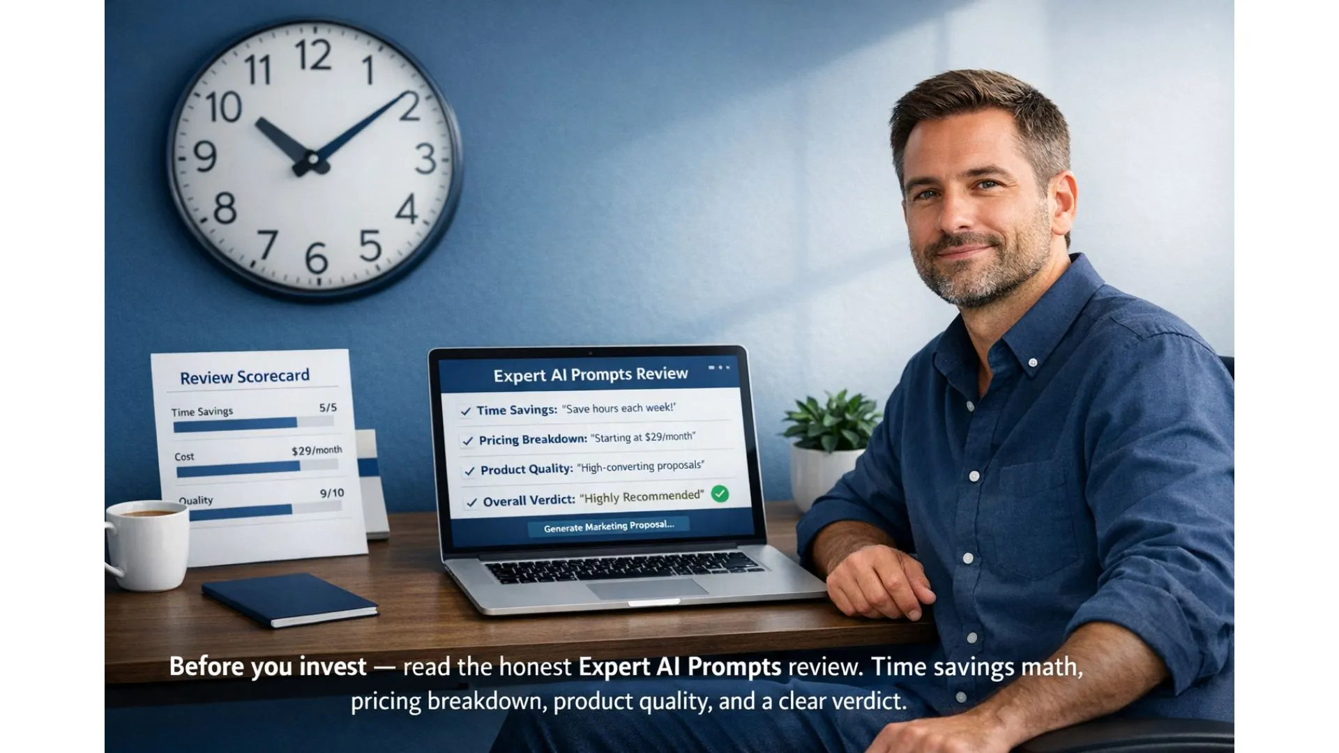 Small business owner evaluating Expert AI Prompts review scorecard and laptop open to AI prompt interface