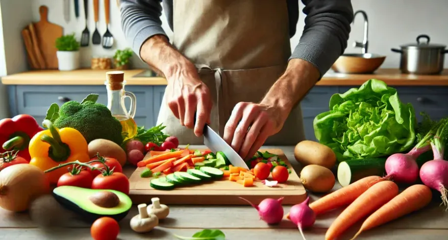 Person preparing a nutritious plant-based meal with fresh ingredients.