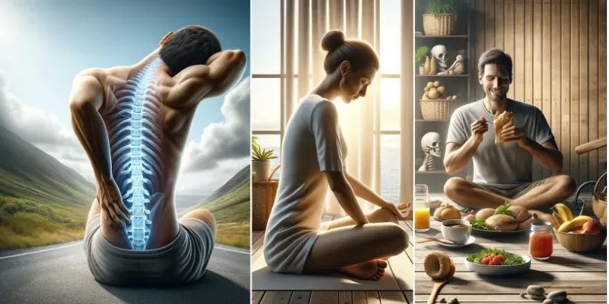 A collage image showcasing three sections: one with a person holding their lower back in relief, a second with someone in a peaceful pose symbolizing mental health, and a third showing a happy individual enjoying a meal for digestive health.