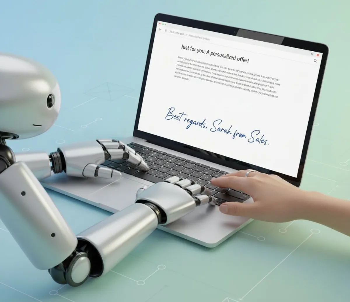 A graphic showing a human and an AI working together as an AI sales assistant to create personalized, automated lead follow-up.