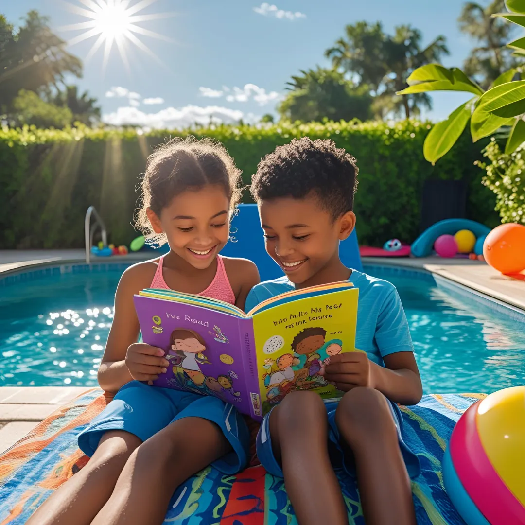 kids reading a book during pool time