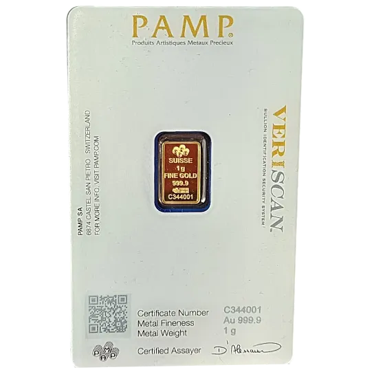 1-gram Pamp Suisse gold bar in sealed assay packaging, available on the Vault Hustle eBay store — ideal for beginner investors and digital asset stackers.