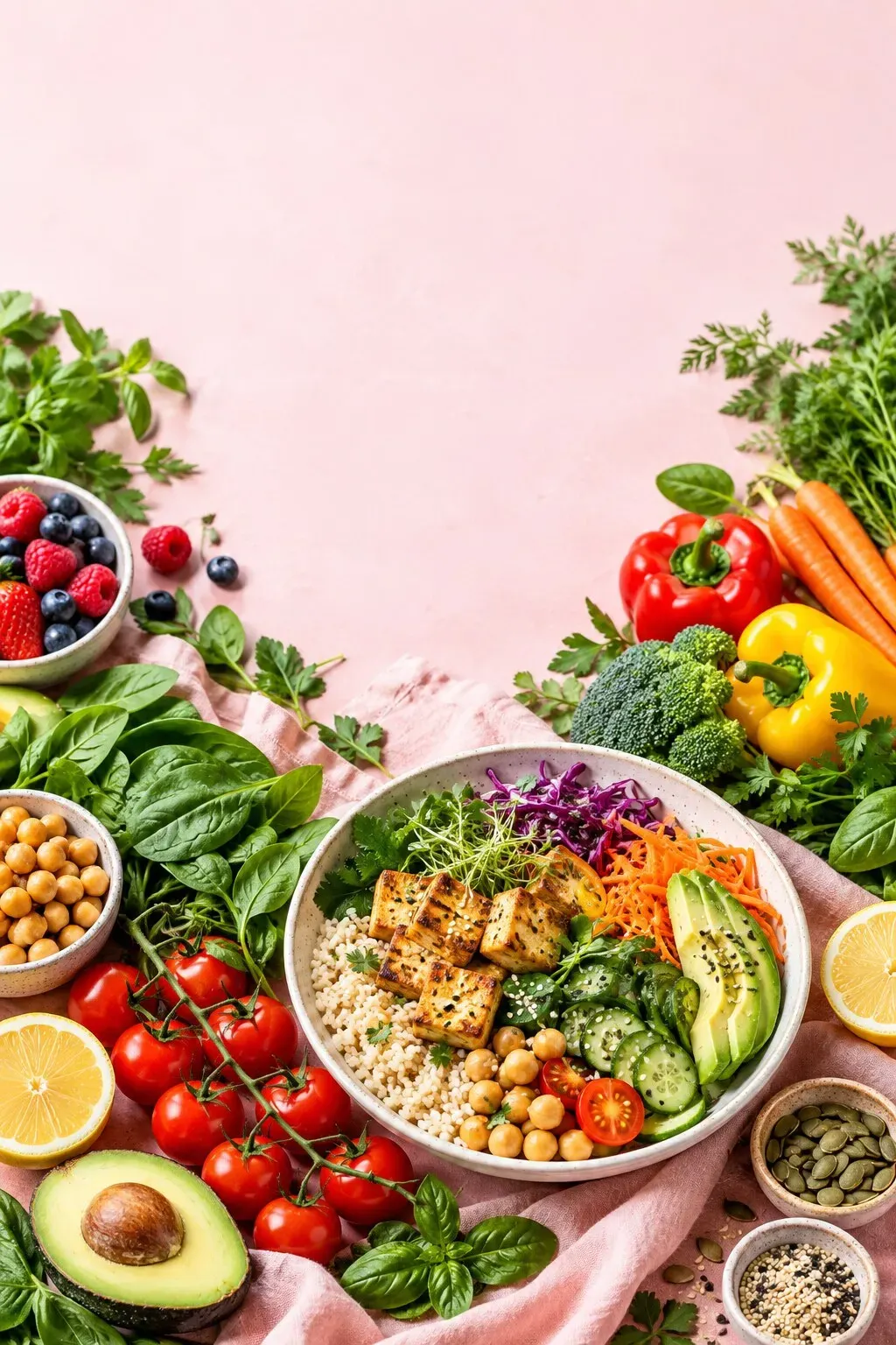 Colourful plant-based meal and fresh vegetables