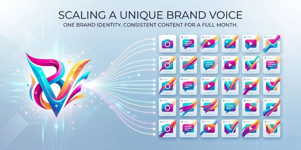 A graphic showing how one unique brand voice can be scaled to create a full month of AI-generated social media content.